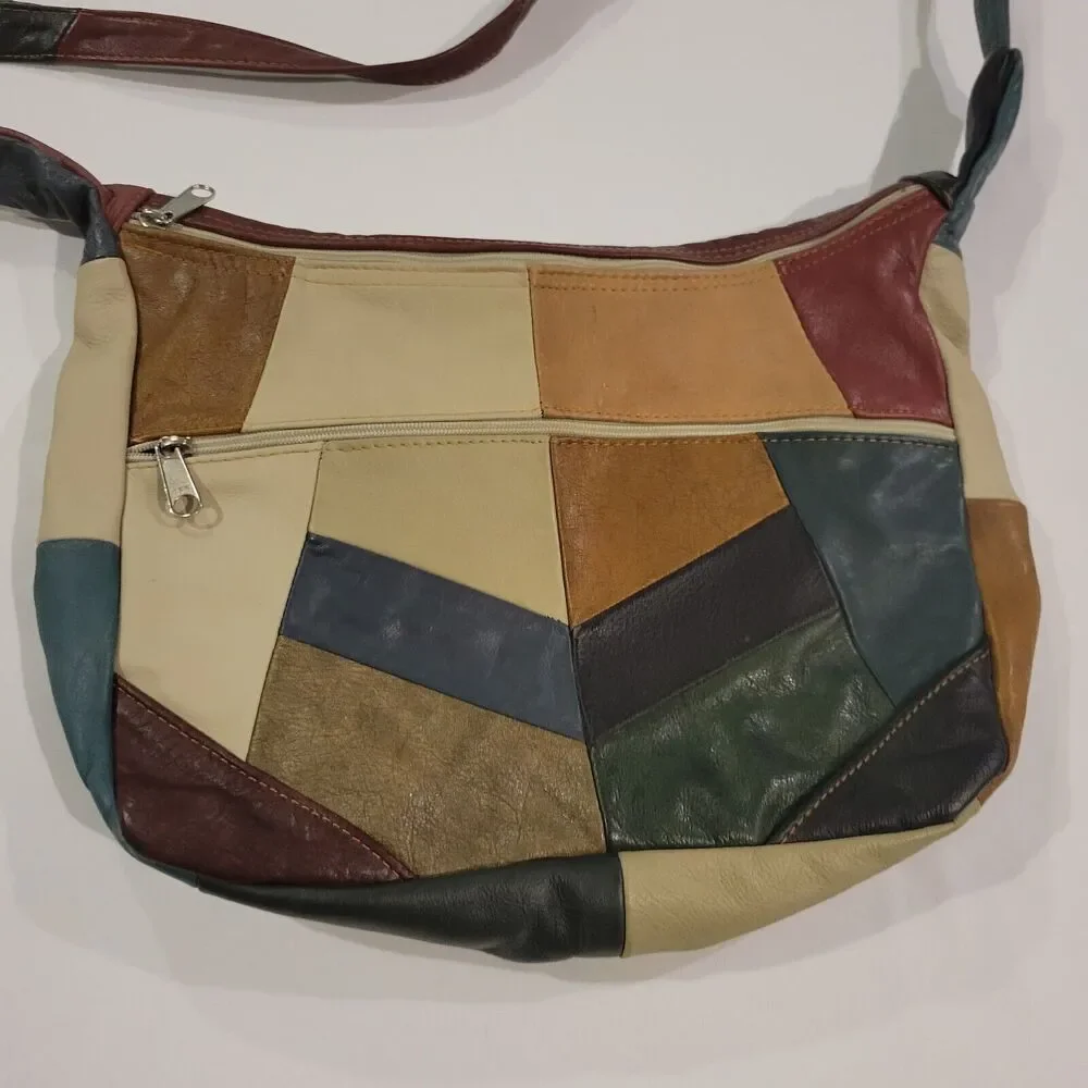 Vintage Boho Patchwork Genuine Leather Crossbody Shoulder Bag Made in Mexico